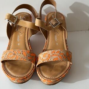 Women's Tan and Orange 4 inch wedge heel Sandals by Luisa Dorio size 9M